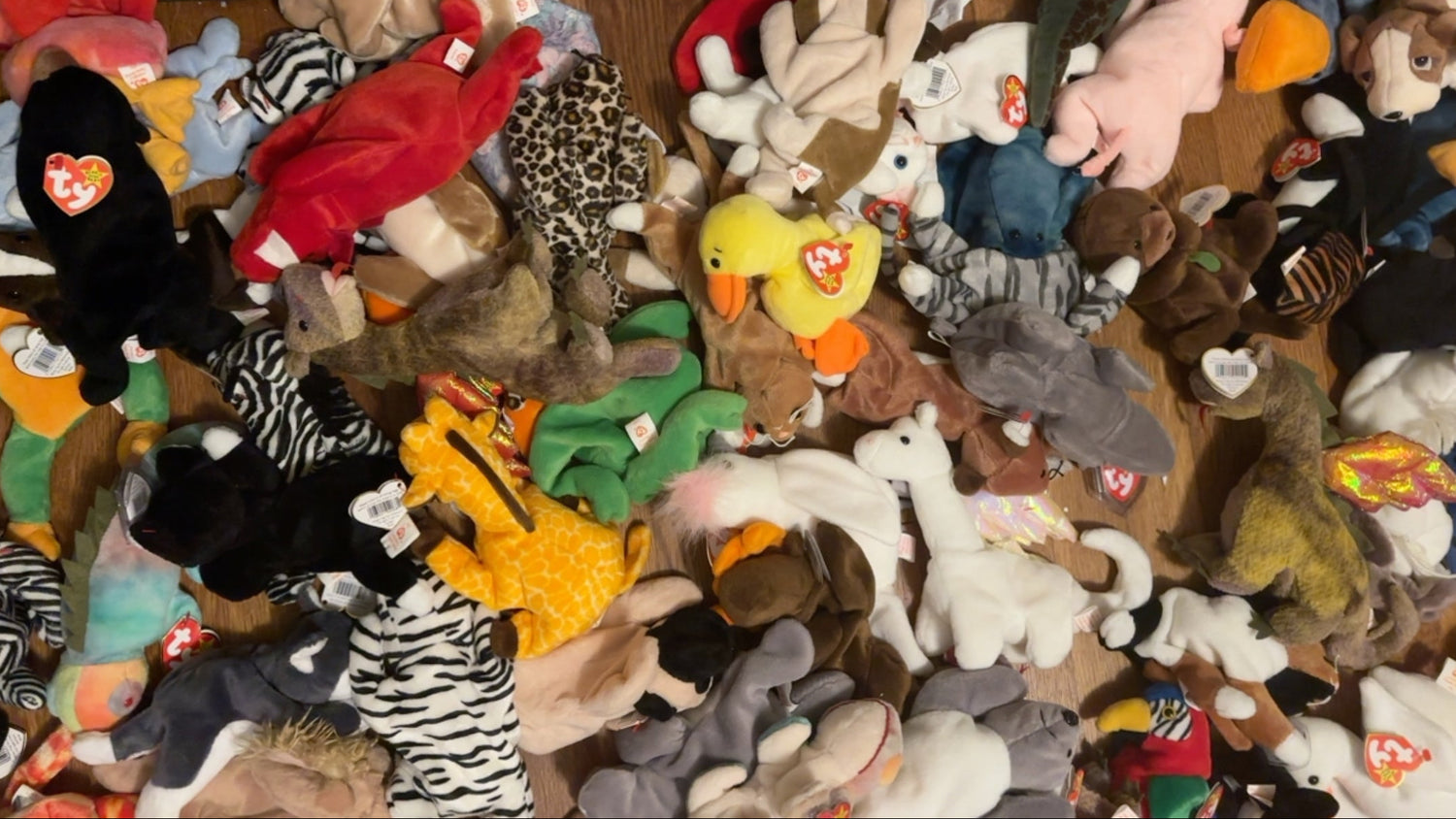 Collection of various plush toys on a wooden surface